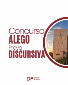 Capa do curso Discursiva na Prática sobre a prova discursiva do concurso ALEGO 2026, com fachada da Assembleia Legislativa de Goiás ao fundo e os dizeres Concurso ALEGO Prova Discursiva