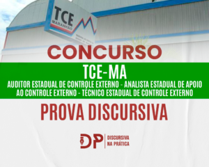 Banner do concurso TCE-MA 2026 para Auditor, Analista e Técnico Estadual de Controle Externo, com destaque para a prova discursiva